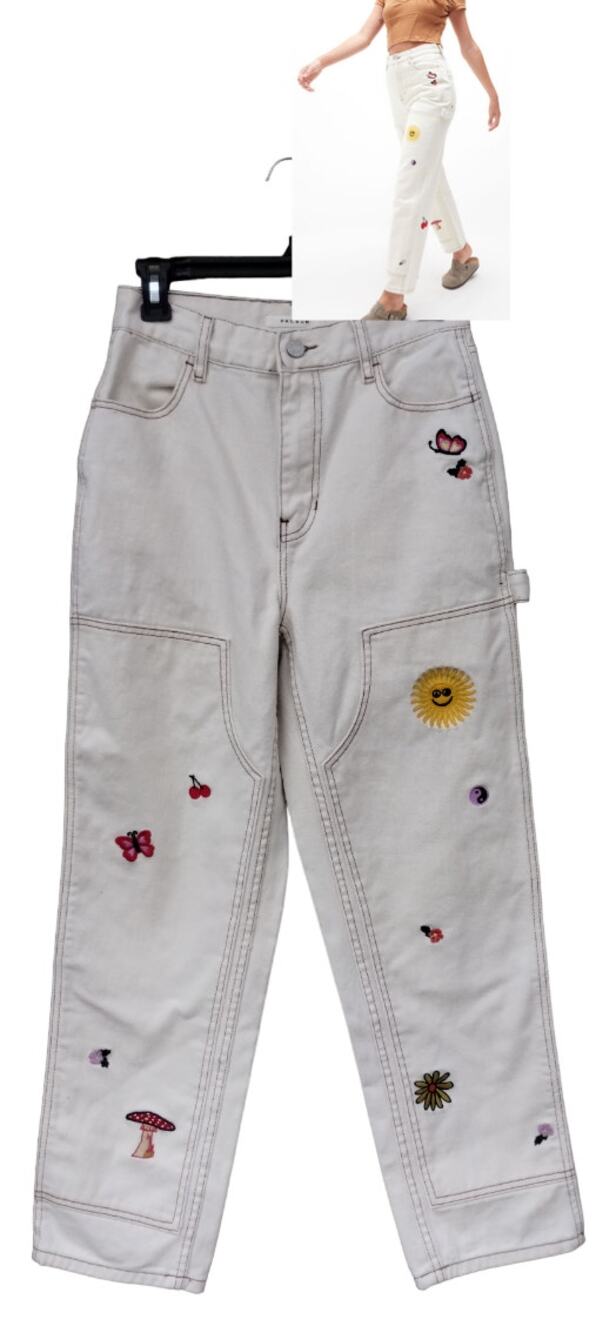 PACSUN Women's High Rise Carpenter Embroidered Off White/Cream Jeans Size 26